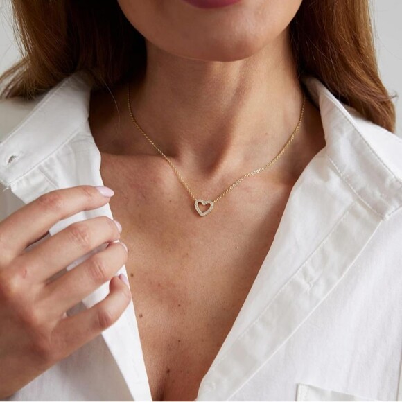 Dainty Hollow Heart Necklace 14K Gold Plated Tiny Heart CZ Pendant Necklace Gift - Picture 4 of 5